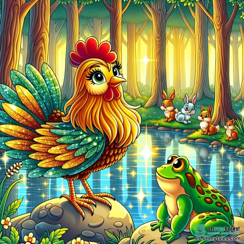 Ilustración que representa una escena mágica junto a un lago brillante, rodeado de grandes árboles con hojas brillantes, donde la luz del sol filtra a través de las ramas, creando reflejos dorados en el agua. En primer plano, una gallina de plumaje brillante, con una pluma dorada centelleante en su ala derecha, se erige orgullosa, con los ojos brillantes de determinación, lista para mostrar su talento. A su lado, un viejo sapo de piel verde vívida, con ojos sabios y redondos, observa atentamente, sentado sobre una piedra lisa, listo para compartir su sabiduría. La gallina, con una postura confiada, se inclina ligeramente hacia el lago, donde su reflejo brilla intensamente, simbolizando su valentía y autodescubrimiento. En el fondo, animales del bosque, como conejos y pájaros, miran con curiosidad y admiración, añadiendo una atmósfera de apoyo y aliento a esta escena inspiradora.