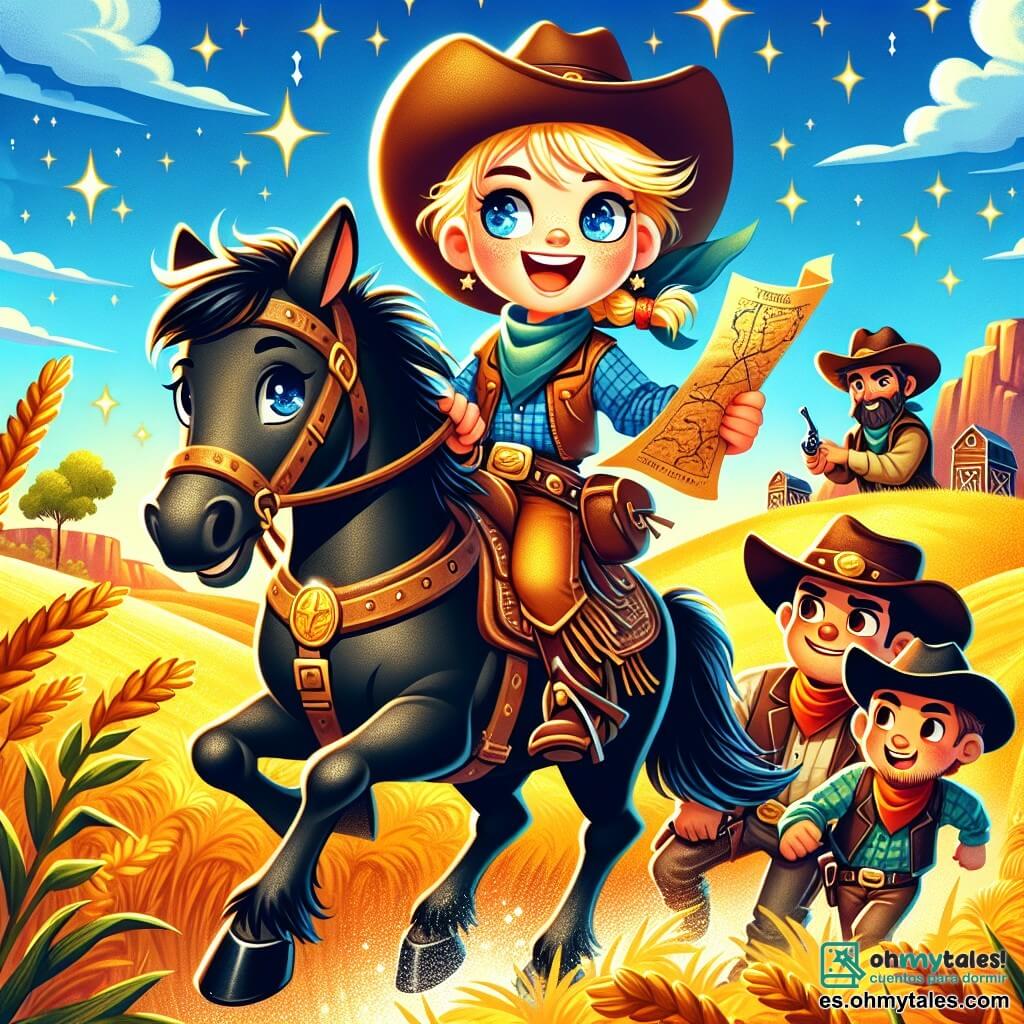 Une illustration sous forme de dessin destinée aux enfants représentant un paysage de prairie dorée sous un ciel bleu éclatant, avec une cow-girl courageuse aux cheveux blonds et aux yeux pétillants, montée sur un cheval noir, brandissant une carte au trésor tout en souriant avec détermination, tandis qu'un groupe de vaqueros aux chapeaux de cowboy et aux vestes en cuir, aux expressions curieuses et amusées, l'observe avec admiration, alors qu'elle les entraîne dans une aventure palpitante à la recherche d'une mine d'or cachée.