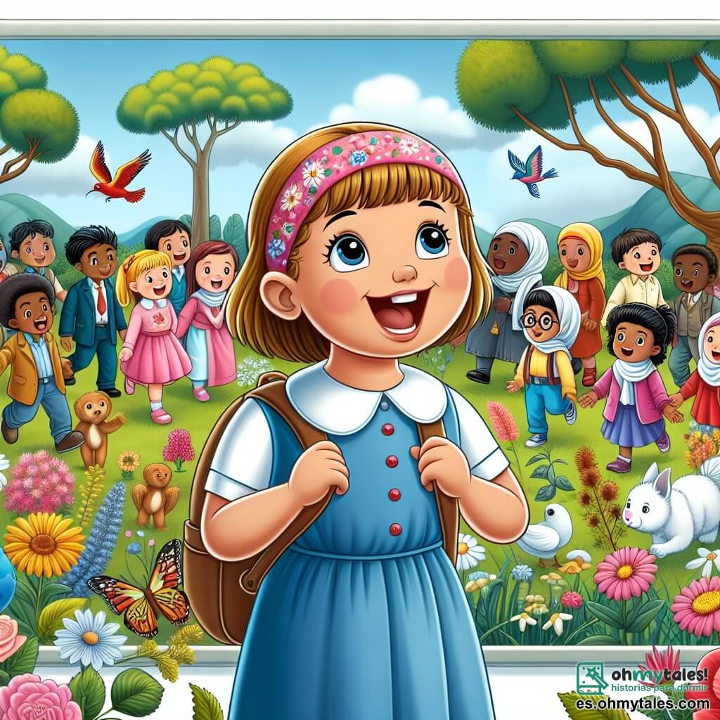 Une illustration destinée aux enfants représentant une petite fille joyeuse et curieuse, accompagnée de sa classe, découvrant un magnifique jardin botanique rempli de fleurs colorées, d'arbres majestueux et d'animaux fascinants.