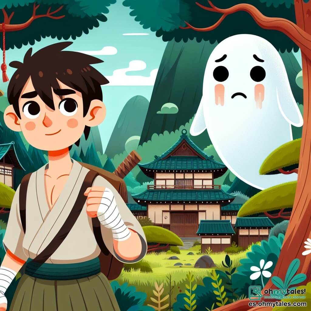 Une illustration destinée aux enfants représentant un homme courageux se tenant devant un fantôme triste, une jeune fille fantôme aux yeux mélancoliques, dans un village japonais entouré de bosquets verdoyants et mystérieux.