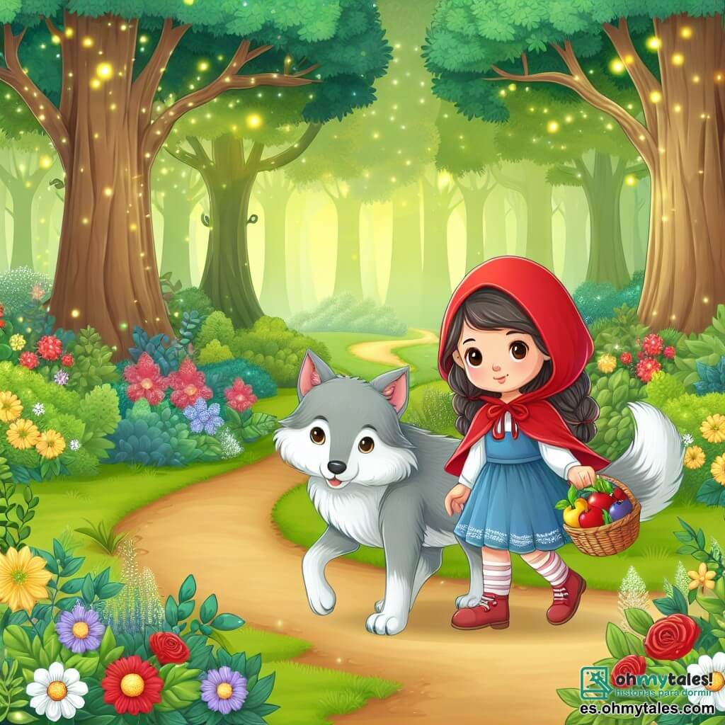 Une illustration destinée aux enfants représentant une jeune fille au capuchon rouge, portant une corbeille de fruits, marchant aux côtés d'un loup amical, à travers un bois enchanté rempli de fleurs colorées et d'arbres majestueux aux feuilles scintillantes.