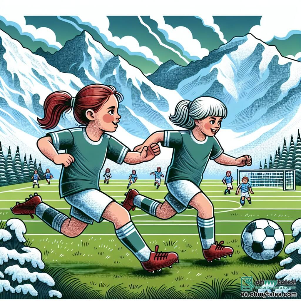 Une illustration destinée aux enfants représentant une jeune footballeuse passionnée jouant un match spectaculaire aux côtés de son frère, sur un terrain verdoyant entouré de montagnes enneigées.
