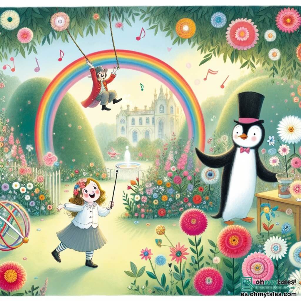 Une illustration destinée aux enfants représentant une fillette curieuse se balançant sur un arc-en-ciel géant, accompagnée d'un pingouin jongleur à chapeau haut-de-forme, dans un jardin magique rempli de fleurs qui chantent et dansent.