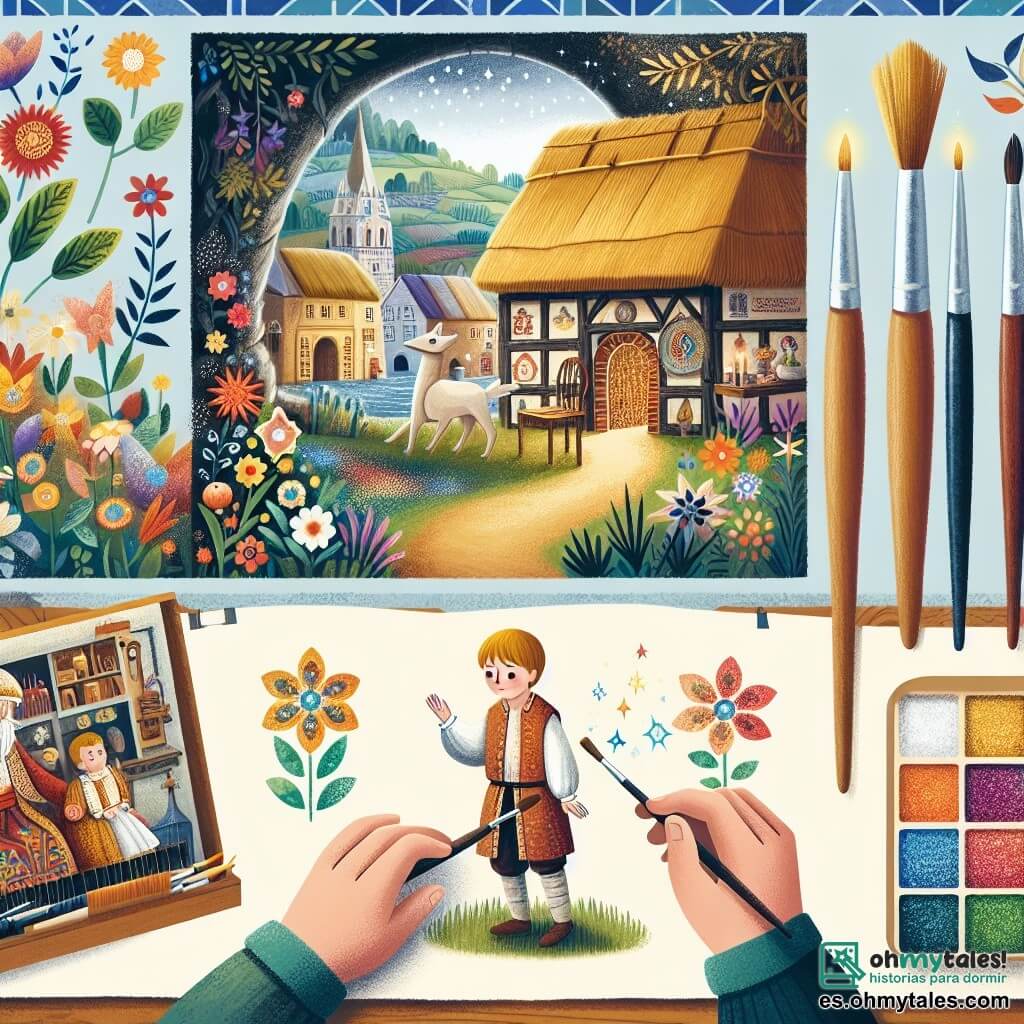 Une illustration destinée aux enfants représentant un petit garçon en bois, né d'une magie ancienne, découvrant le monde avec l'aide bienveillante de son père-créateur, dans un atelier chaleureux aux murs tapissés de marionnettes colorées et de pinceaux étincelants, situé dans un village de conte de fées aux toits de chaume et aux fleurs enchantées.