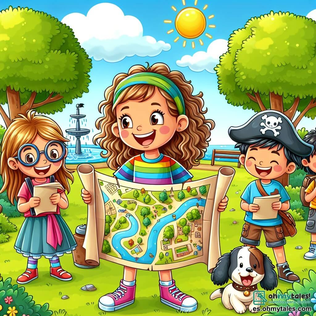 Une illustration sous forme de dessin destinée aux enfants représentant un parc ensoleillé avec des arbres verdoyants et une grande fontaine au centre, où une fille de 11 ans aux cheveux bouclés et blonds, portant un t-shirt coloré et un short, sourit en tenant un grand plan dessiné à la main, entourée de trois amis : un garçon aux cheveux bruns et ébouriffés, vêtu d'un costume de pirate en carton, une fille aux cheveux longs et bruns, portant des lunettes et un chapeau de soleil, qui lit un papier avec un sourire, et un garçon aux cheveux noirs, tenant un petit chien, tous riant ensemble alors qu'ils cherchent des indices pour une chasse au trésor amusante.