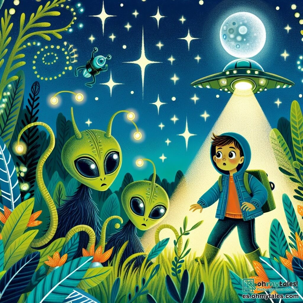Une illustration destinée aux enfants représentant un garçon curieux et courageux découvrant une navette spatiale brillante avec des extraterrestres aux yeux brillants et aux tentacules gracieux, dans un champ verdoyant illuminé par les étoiles scintillantes de la nuit.