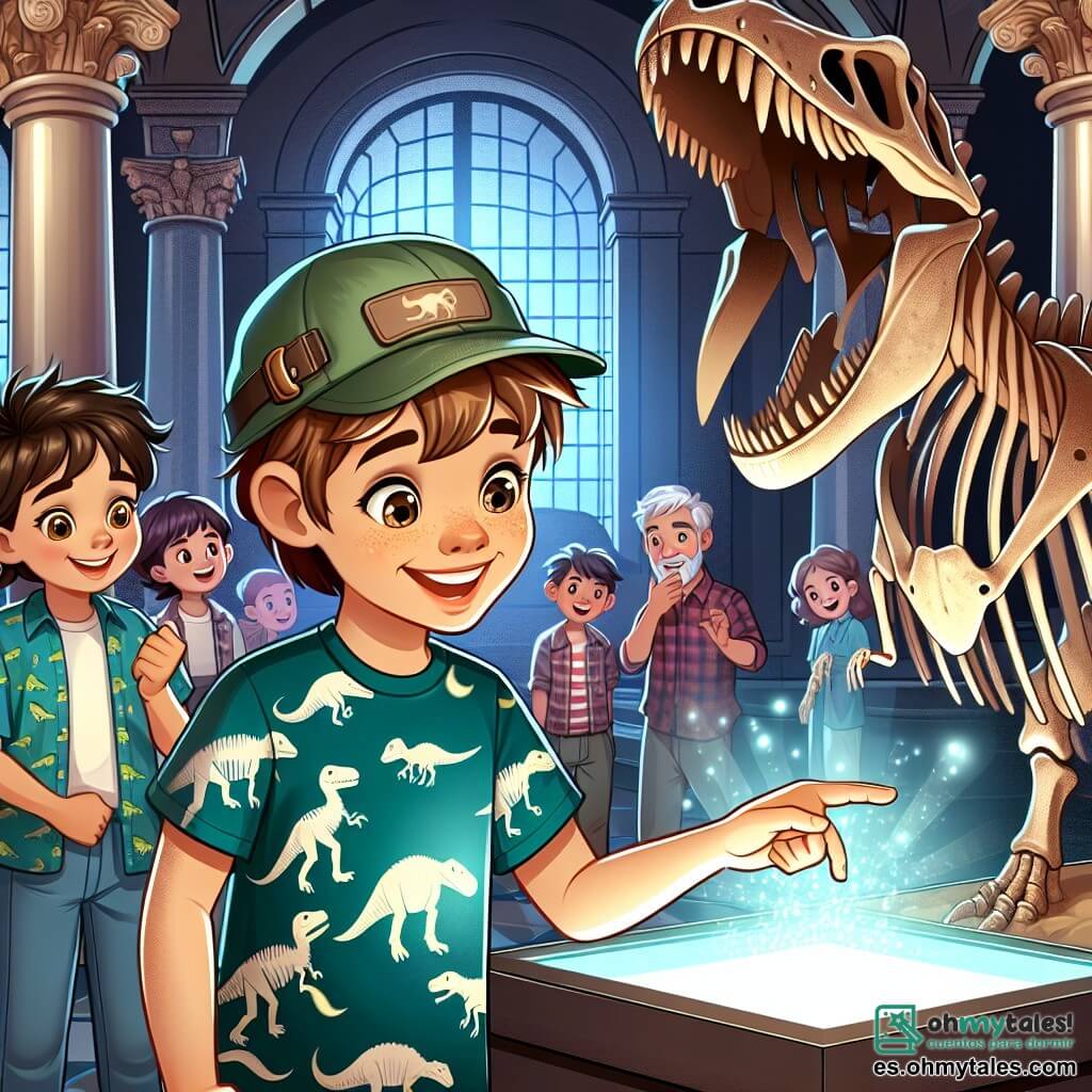 Une illustration sous forme de dessin destinée aux enfants représentant un musée de sciences naturelles rempli de fossiles de dinosaures, avec un garçon de 11 ans aux cheveux bruns et aux yeux pétillants, vêtu d'une t-shirt à motifs de dinosaures, qui s'émerveille devant un grand squelette de Tyrannosaurus rex, tandis qu'un autre garçon de son âge, portant une casquette de style explorateur et un sourire espiègle, l'encourage à toucher un mystérieux panneau lumineux, créant une atmosphère d'excitation et de découverte, entourée de visiteurs captivés par les expositions.