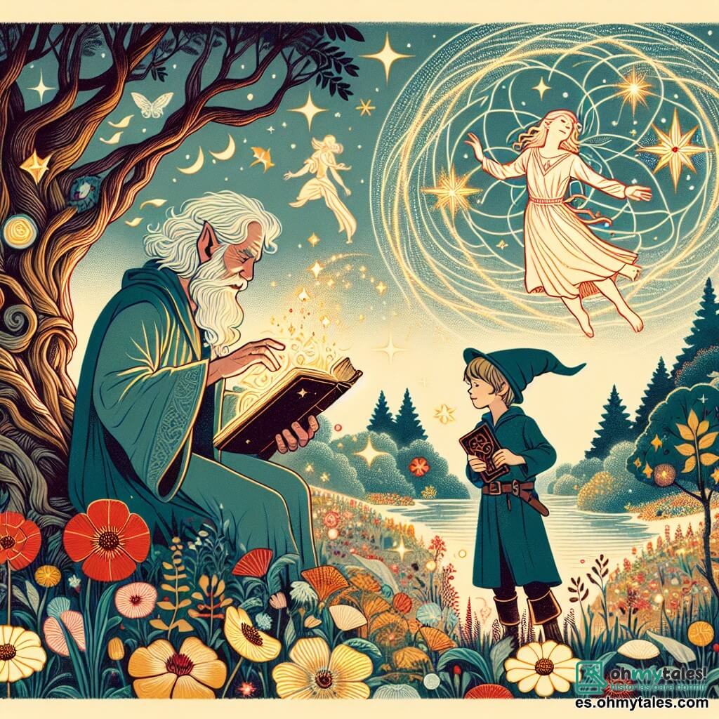 Une illustration destinée aux enfants représentant un jeune sorcier découvrant un ancien grimoire magique, accompagné de son sage mentor, dans la paisible vallée enchantée de Vallesombra, où les arbres dansent au rythme du vent et les fleurs brillent de mille couleurs.