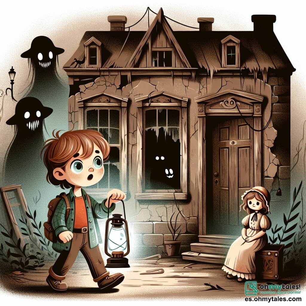 Une illustration sous forme de dessin destinée aux enfants représentant une maison ancienne et mystérieuse, aux murs décrépits et aux fenêtres brisées, où une courageuse fille de 11 ans aux cheveux bruns et aux yeux pétillants, tenant une linterna, explore un couloir sombre et poussiéreux, entourée de silhouettes floues et inquiétantes qui semblent murmurer des secrets, tandis qu'une poupée ancienne, avec un regard troublant, repose sur une table, ajoutant une touche d'angoisse à cette scène intrigante.