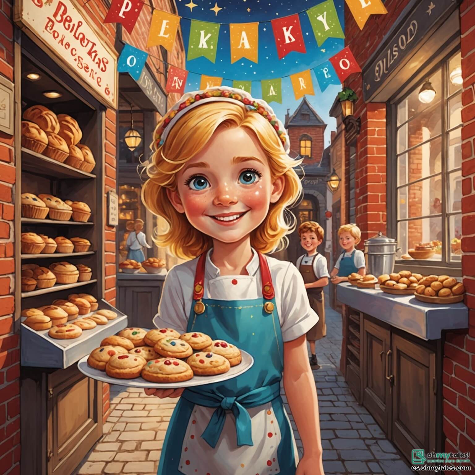 Une illustration destinée aux enfants représentant une boulangère aux yeux pétillants comme des étoiles et à la chevelure dorée, se tenant joyeusement au milieu de sa chaleureuse panadería aux murs en briques rouges ornés de guirlandes de fleurs colorées, où l'odeur enivrante du pain frais et des gâteaux sucrés embaume l'air, tandis qu'un petit garçon curieux, aux cheveux en bataille et au sourire éclatant, l'aide à préparer de délicieuses galletas en forme d'étoiles et de cœurs, créant ensemble des souvenirs inoubliables dans ce havre de douceur et de partage.