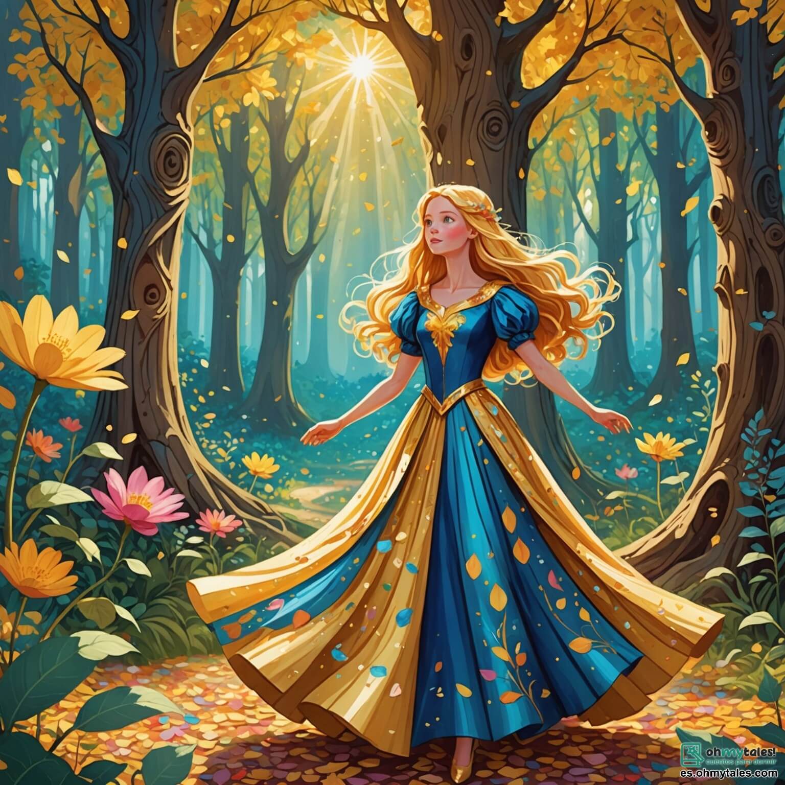 Une illustration destinée aux enfants représentant une femme au cœur pur, aux cheveux d'or scintillant comme les rayons du soleil, vêtue d'une robe faite de pétales de fleurs colorées, se tenant au milieu d'une forêt enchantée où les arbres majestueux, aux troncs noueux et aux feuilles chatoyantes, dansent sous la brise légère, tandis qu'un petit garçon aux yeux pétillants de curiosité, vêtu d'une tunique bleue, l'observe avec émerveillement, alors qu'ils s'apprêtent à vivre une aventure magique pour sauver le royaume des fées d'un sombre enchantement qui menace de plonger leur monde féerique dans l'obscurité.