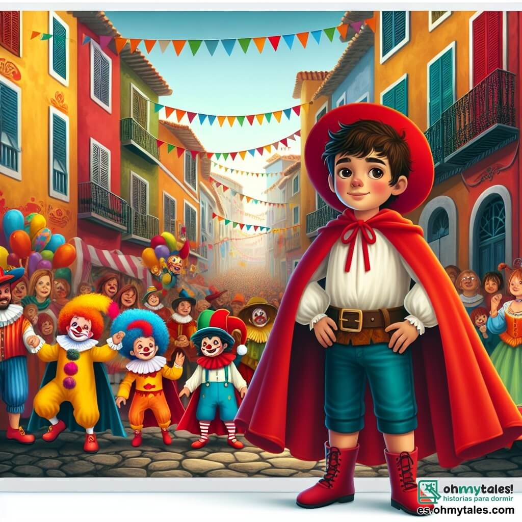Une illustration destinée aux enfants représentant un garçon vêtu d'une cape rouge brillante, se tenant fièrement au milieu d'un carnaval coloré, accompagné de jeunes enfants déguisés en payasos traviesos, dans les rues étroites et animées du village d'Alegría.