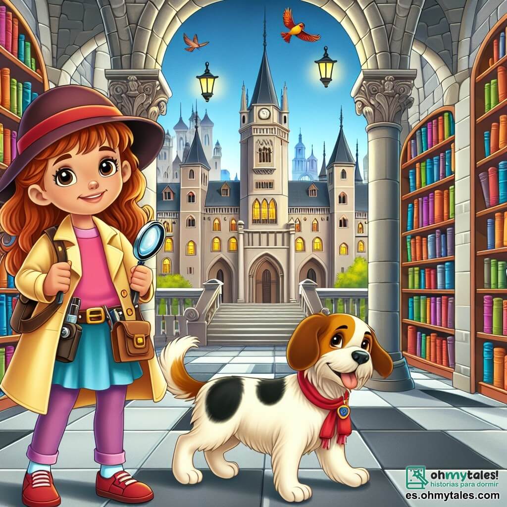 Une illustration destinée aux enfants représentant une jeune détective brillante, avec son fidèle chien détective, résolvant un mystère dans une bibliothèque ancienne et majestueuse de la ville de Villa Encantada, où les étagères sont remplies de livres de toutes les couleurs et les oiseaux chantent joyeusement à l'extérieur.