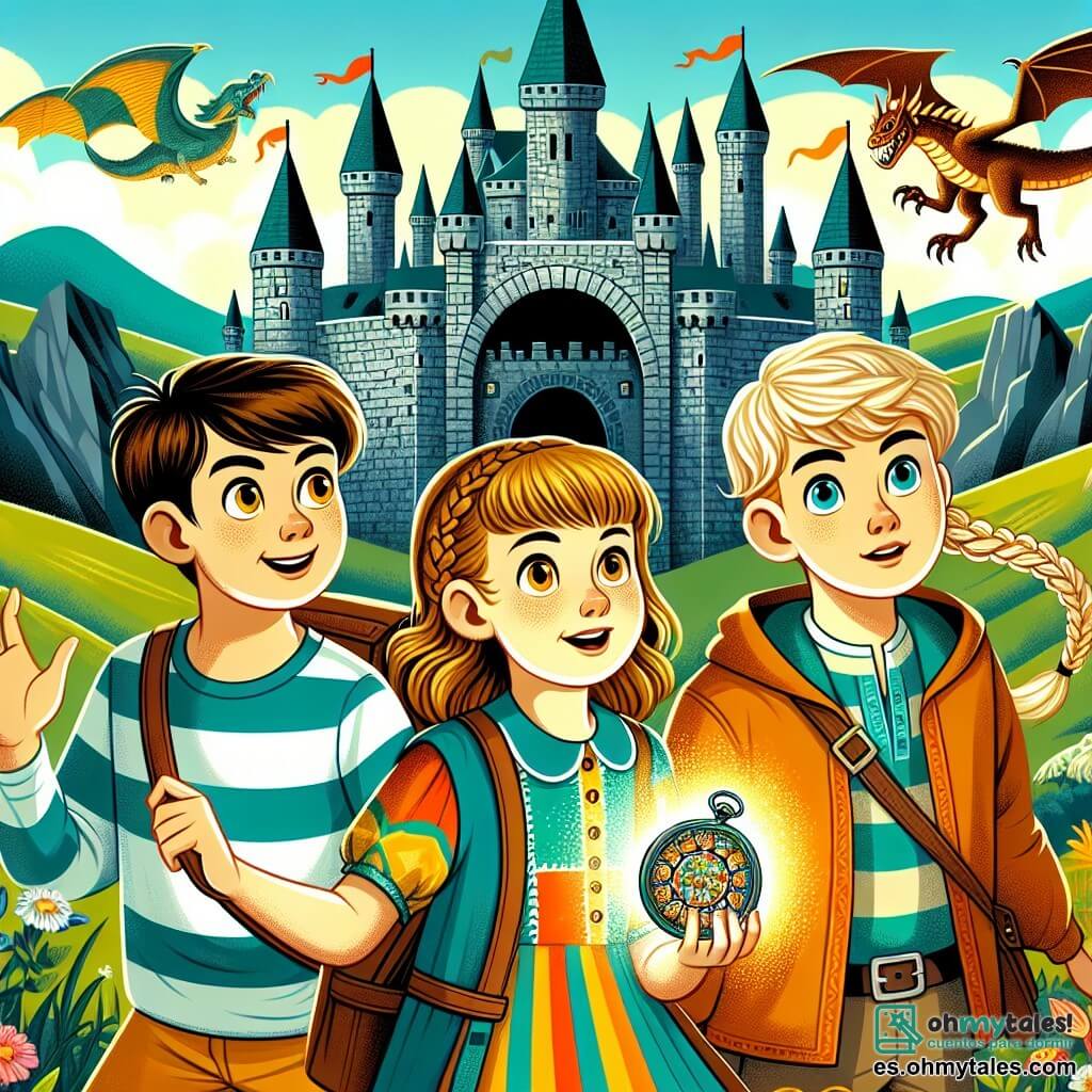 Une illustration sous forme de dessin destinée aux enfants représentant un groupe d'enfants de 11 ans, deux garçons aux cheveux bruns et aux yeux pétillants, l'un portant une chemise à rayures et l'autre un t-shirt avec un dragon, tous deux émerveillés devant un vieux château médiéval aux murs de pierre et aux drapeaux flottants, tandis qu'une fille aux cheveux blonds tressés, vêtue d'une robe colorée, tient un mystérieux et brillant réveil de poche, symbolisant leur voyage dans le temps, alors qu'ils se préparent à affronter un dragon qui émerge de la caverne à proximité, avec des collines verdoyantes et un ciel bleu éclatant en arrière-plan.