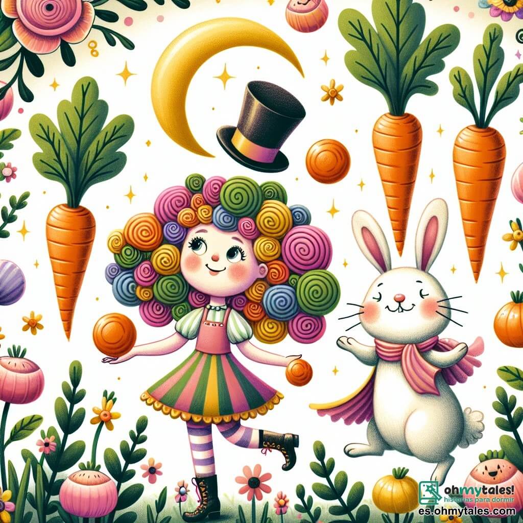 Une illustration destinée aux enfants représentant une fille aux cheveux en forme de spirales colorées, se retrouvant à jongler avec des carottes géantes en compagnie d'un lapin magicien à chapeau haut-de-forme, dans un potager enchanté rempli de fleurs qui chantent des berceuses à la lune.