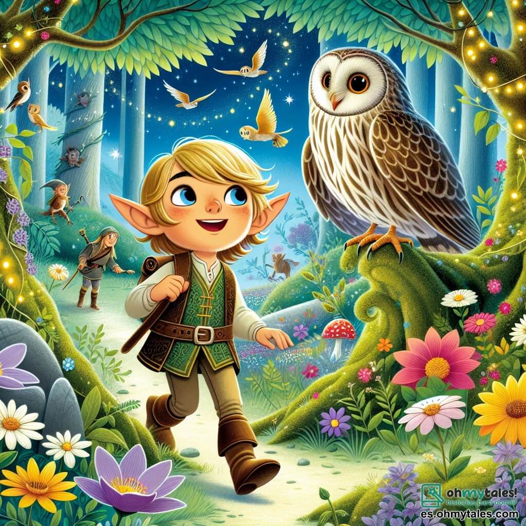 Une illustration destinée aux enfants représentant un jeune elfe courageux, accompagné de son fidèle búho Sabio, qui explore un magnifique bosque enchanté rempli de fleurs lumineuses, arbres chantants et animaux magiques.