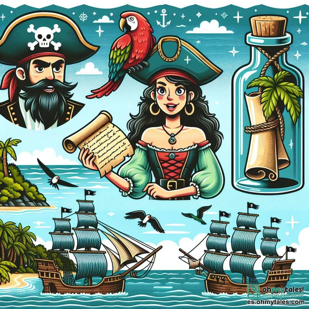 Une illustration destinée aux enfants représentant une intrépide pirate, une bouteille à la mer contenant un mystérieux parchemin, un loyal perroquet parlant et un marin courageux, voguant sur un océan scintillant parsemé d'îles verdoyantes et de navires corsaires menaçants.