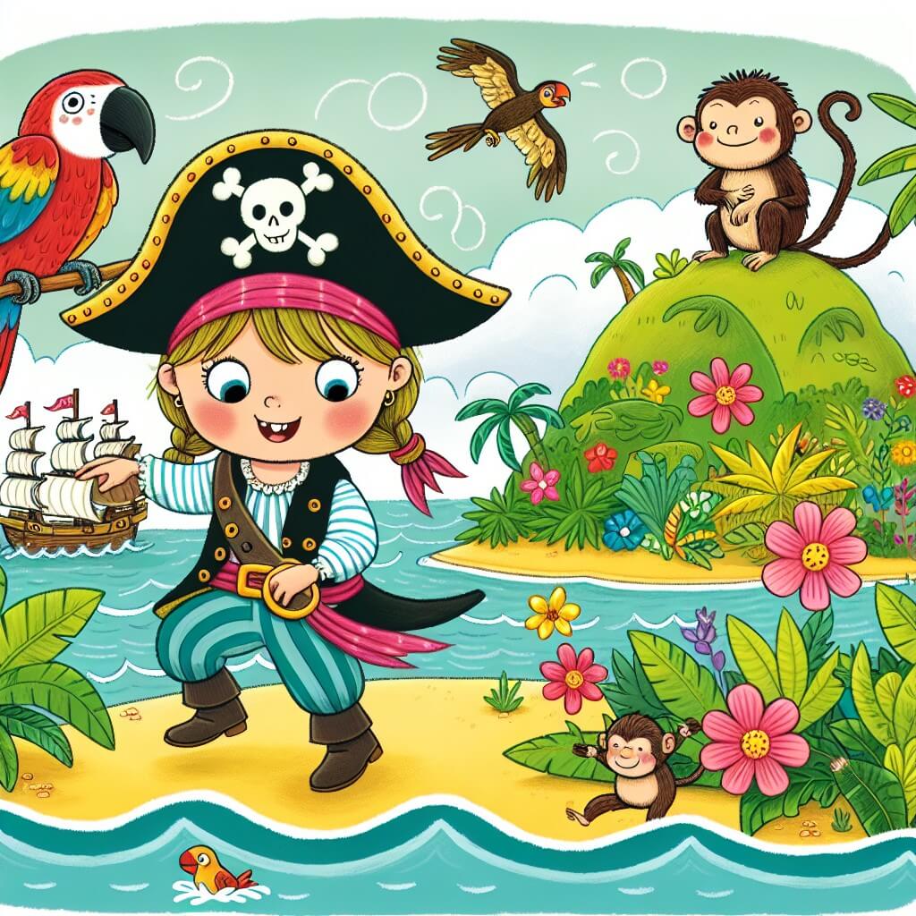 Une illustration destinée aux enfants représentant une capitaine pirate intrépide, dans une mer agitée, accompagnée de son perroquet bavard, explorant une île luxuriante remplie de fleurs colorées et de singes espiègles.