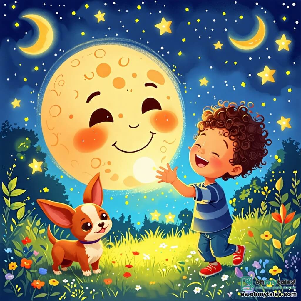Une illustration sous forme de dessin destinée aux enfants représentant un jardin enchanté sous un ciel étoilé, avec un garçon de 2 ans aux cheveux bouclés et aux yeux pétillants, riant joyeusement en jouant avec une lune souriante et brillante qui flotte près de lui, tandis qu'un petit chien aux grandes oreilles, plein d'énergie, saute autour d'eux, le tout baigné dans une atmosphère de magie et de douceur, avec des étoiles scintillantes et des bonbons en forme d'étoiles flottant dans l'air.