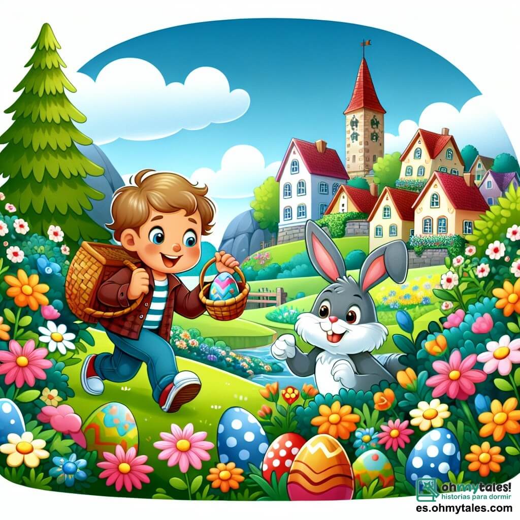 Une illustration destinée aux enfants représentant un garçon curieux et plein d'énergie, participant à une grande chasse aux œufs de Pâques avec une mystérieuse Coneja de Pâques, dans un magnifique village coloré rempli de fleurs et d'arbres centenaires.