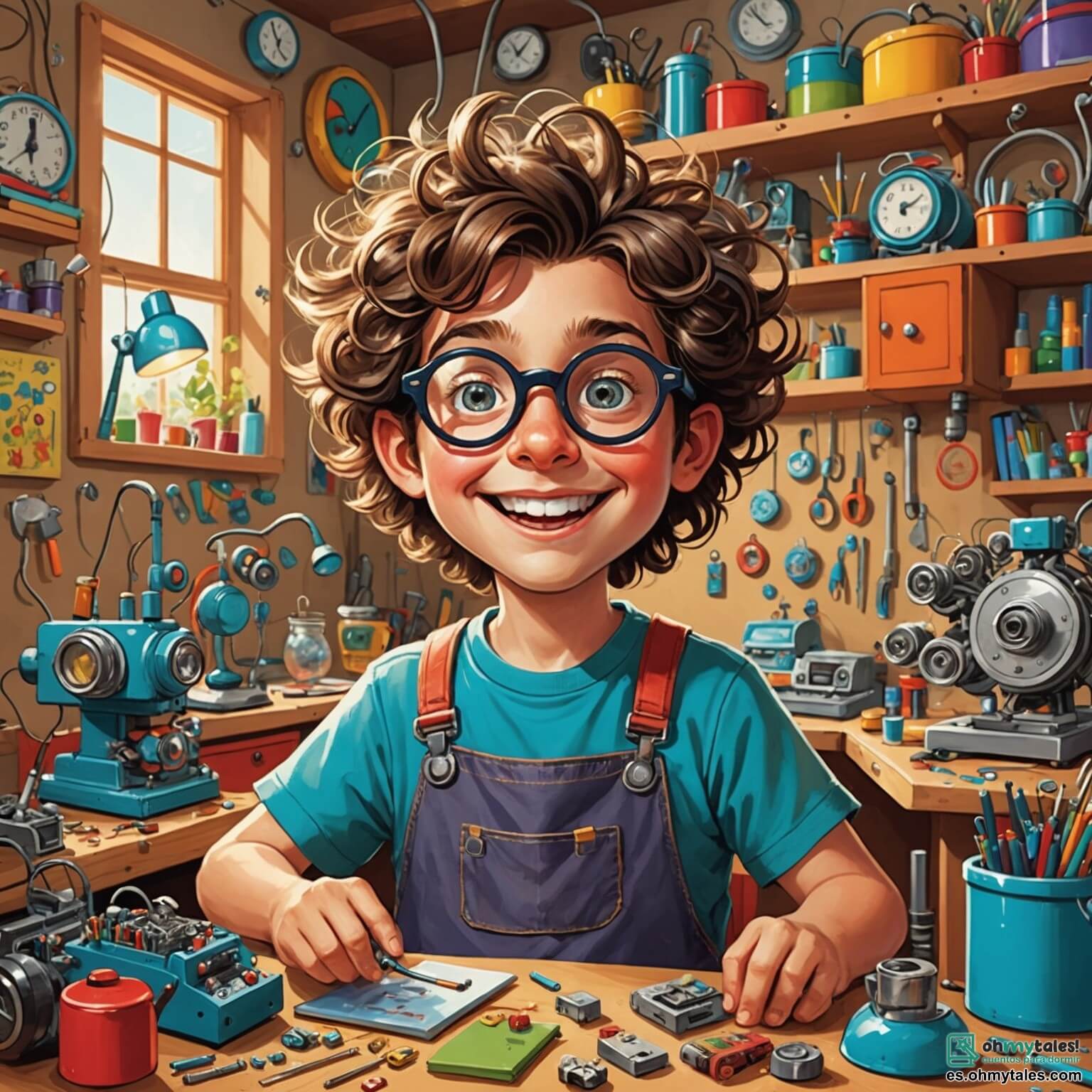 Une illustration destinée aux enfants représentant un homme aux cheveux ébouriffés et aux lunettes rondes, débordant d'idées farfelues, se tenant dans son atelier coloré, rempli de machines bourdonnantes et de gadgets étranges, où des enfants aux rires éclatants, une fille aux couettes pétillantes et un garçon au sourire malicieux, l'observent avec émerveillement alors qu'il tente de créer une invention incroyable qui pourrait transformer des éclats de rire en bulles de joie, le tout dans une ville enchanteresse où les murs sont peints de couleurs vives et les arbres portent des fruits multicolores, illuminée par un soleil radieux qui danse sur les pavés scintillants.
