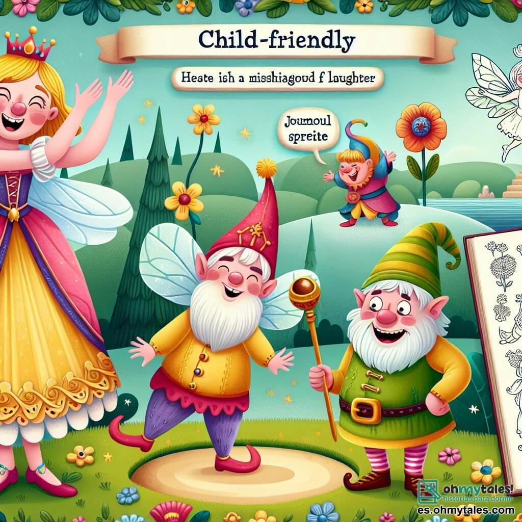 Une illustration destinée aux enfants représentant une princesse espiègle, un duende rigolo, et un gnome joyeux, se déroulant sur l'Île des Rires, un endroit enchanté rempli de couleurs vives et de créatures fantastiques.