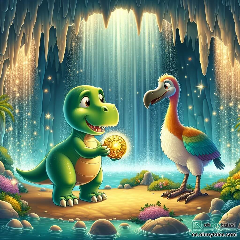 Une illustration sous forme de dessin destinée aux enfants représentant une caverne magique derrière une cascade étincelante, où un jeune Tyrannosaure Rex au pelage vert vif et aux petits bras est émerveillé en tenant un disque doré brillant, tandis qu'à ses côtés, un dodo aux plumes colorées et au regard sage l'encourage avec un sourire, le tout baigné dans une lumière douce et féerique, symbolisant leur découverte d'un monde d'aventures et de magie.