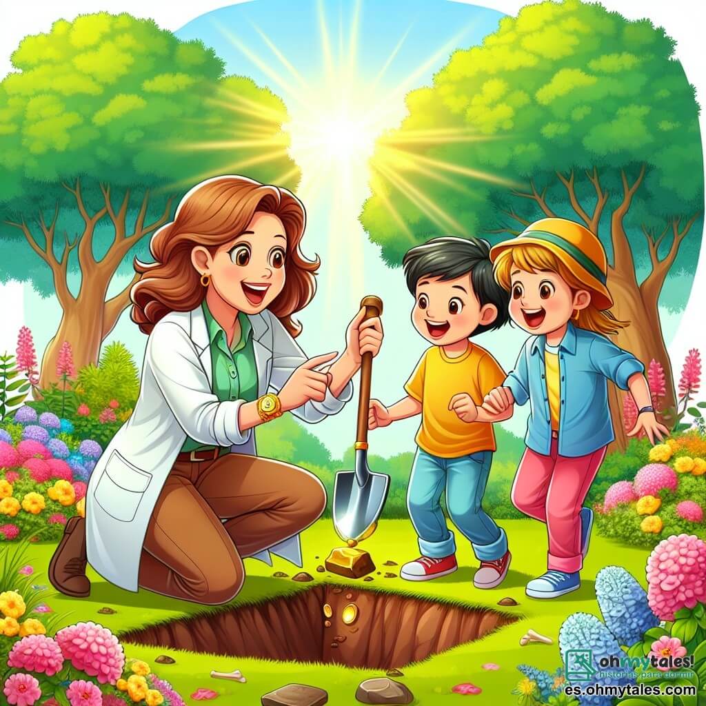 Une illustration destinée aux enfants représentant une femme archéologue passionnée, guidant un garçon et une fille excités, dans un jardin ensoleillé rempli de fleurs colorées et d'arbres majestueux, où ils découvrent ensemble un trésor enfoui dans la terre.