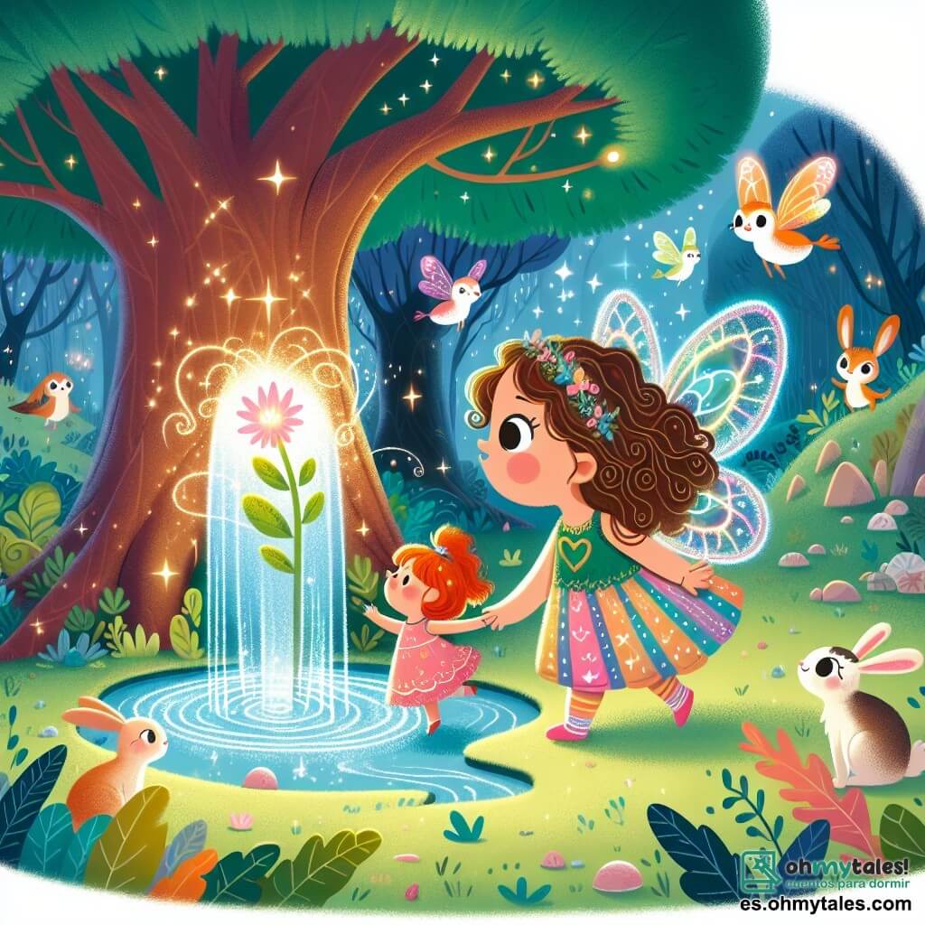 Une illustration sous forme de dessin destinée aux enfants représentant un magnifique et magique forêt enchantée avec des arbres majestueux aux feuilles scintillantes, où une petite fille de 3 ans aux cheveux bouclés et aux yeux pétillants, vêtue d'une robe colorée, tient la main d'une petite fée aux ailes brillantes, alors qu'elles s'approchent d'une source d'eau lumineuse pour sauver une fleur magique qui commence à s'épanouir, entourées d'animaux curieux comme des lapins et des oiseaux chantants qui les observent avec émerveillement.