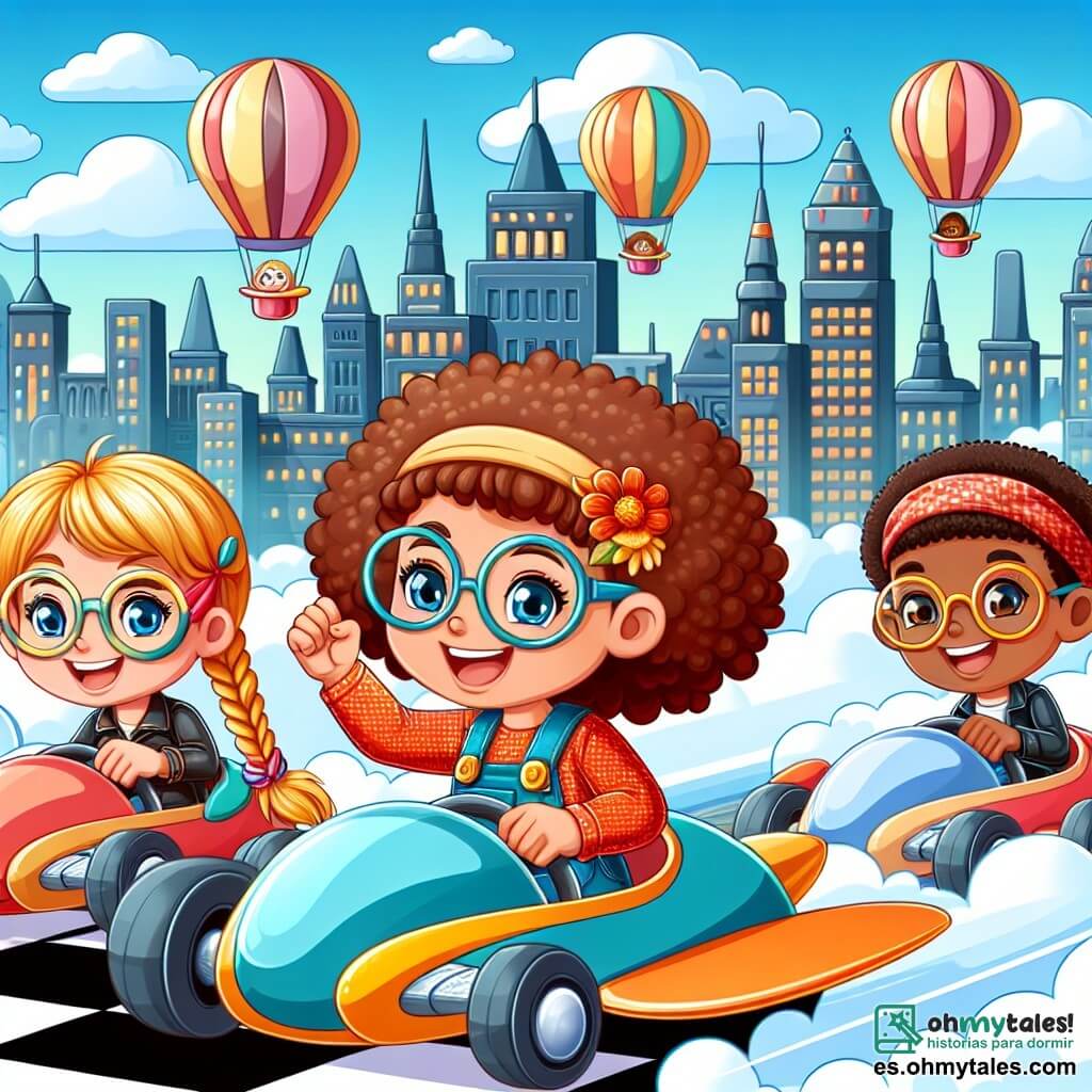 Une illustration destinée aux enfants représentant une petite fille aux rizos dorados, participante à un concours de coches volants dans une ville futuriste où les bâtiments touchent les nuages, accompagnée de trois autres enfants : un garçon aux gafas brillantes, une fille aux tresses colorées et un autre garçon au sourire lumineux.