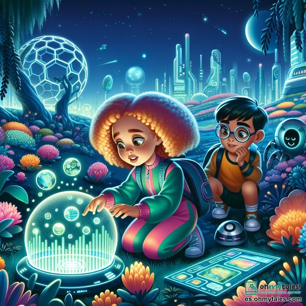 Une illustration sous forme de dessin destinée aux enfants représentant un parc futuriste, Biotopía, avec des plantes bioluminiscentes illuminant le paysage, où une fille de 11 ans aux cheveux bouclés et brillants, vêtue d'une combinaison colorée, examine avec curiosité un panneau holographique, tandis qu'un petit robot sphérique flottant à ses côtés projette des images lumineuses, et un garçon de son âge aux lunettes rondes, penché sur un ordinateur portable, l'observe avec fascination, capturant l'instant où ils découvrent ensemble un passage secret menant à un projet technologique mystérieux.