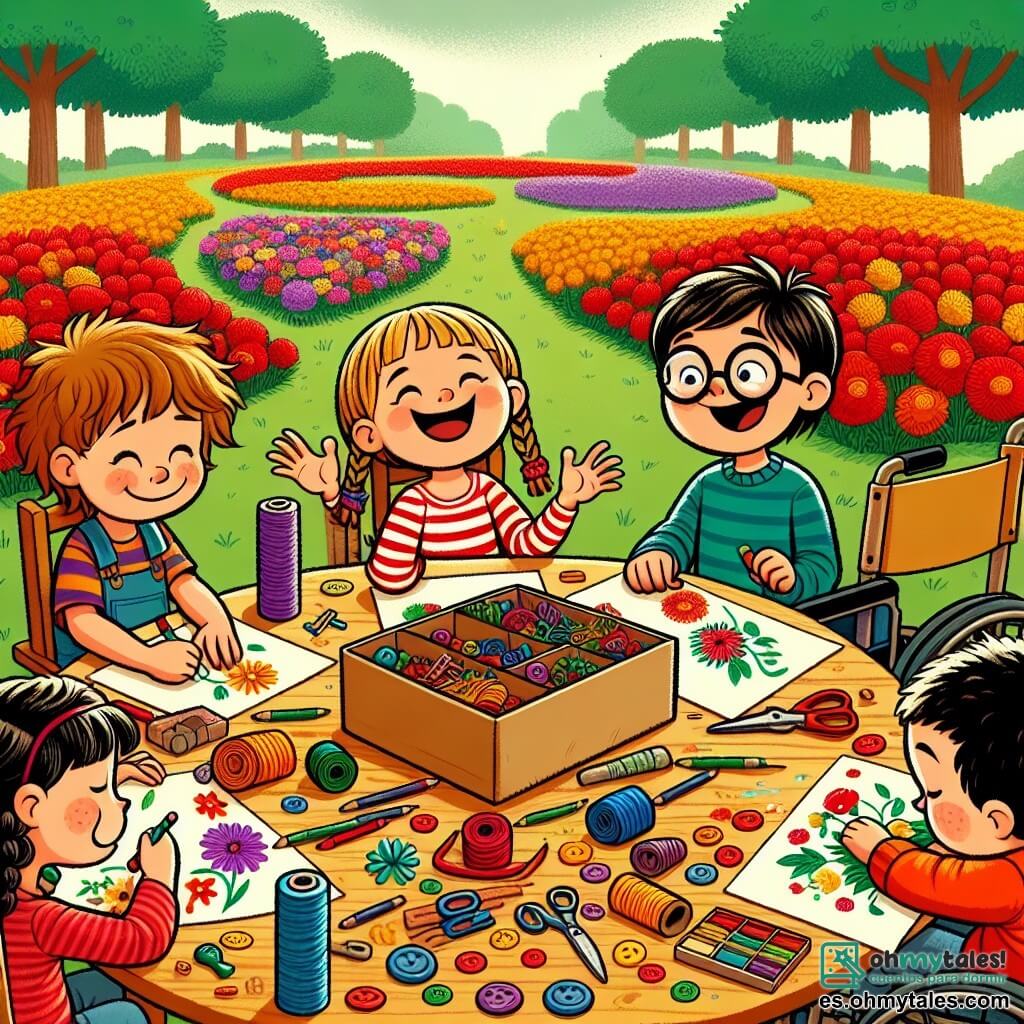 Ilustración que representa un gran parque soleado, lleno de flores coloridas con pétalos brillantes de rojo, amarillo y violeta. En el centro, una gran mesa de madera está cubierta de materiales de manualidades: cajas de cartón, rollos de papel y botones multicolores, creando un ambiente alegre y creativo. Un niño de unos 10 años, con el cabello castaño desordenado y una sonrisa radiante, sostiene una caja de cartón, con aire concentrado. A su lado, una niña de 9 años, con trenzas rubias y gafas redondas, dibuja bocetos en un gran papel, con los ojos brillantes de imaginación. Otro niño, de aproximadamente 10 años, con cabello negro y gafas, se ríe mientras cuenta un chiste, con los brazos abiertos para añadir dinamismo a su historia. Finalmente, un niño de 11 años, sentado en una silla de ruedas, dibuja pájaros con guitarras, sonriendo ampliamente, mostrando su pasión por la música. La escena principal muestra a los cuatro amigos trabajando juntos en su invención loca: una máquina colorida que mezcla elementos de helados y música, con destellos de confeti volando a su alrededor. Pájaros coloridos vuelan por encima, atraídos por la melodía alegre que emana de su creación. La atmósfera está llena de risas y creatividad, ilustrando el espíritu de amistad y desafío que los une.