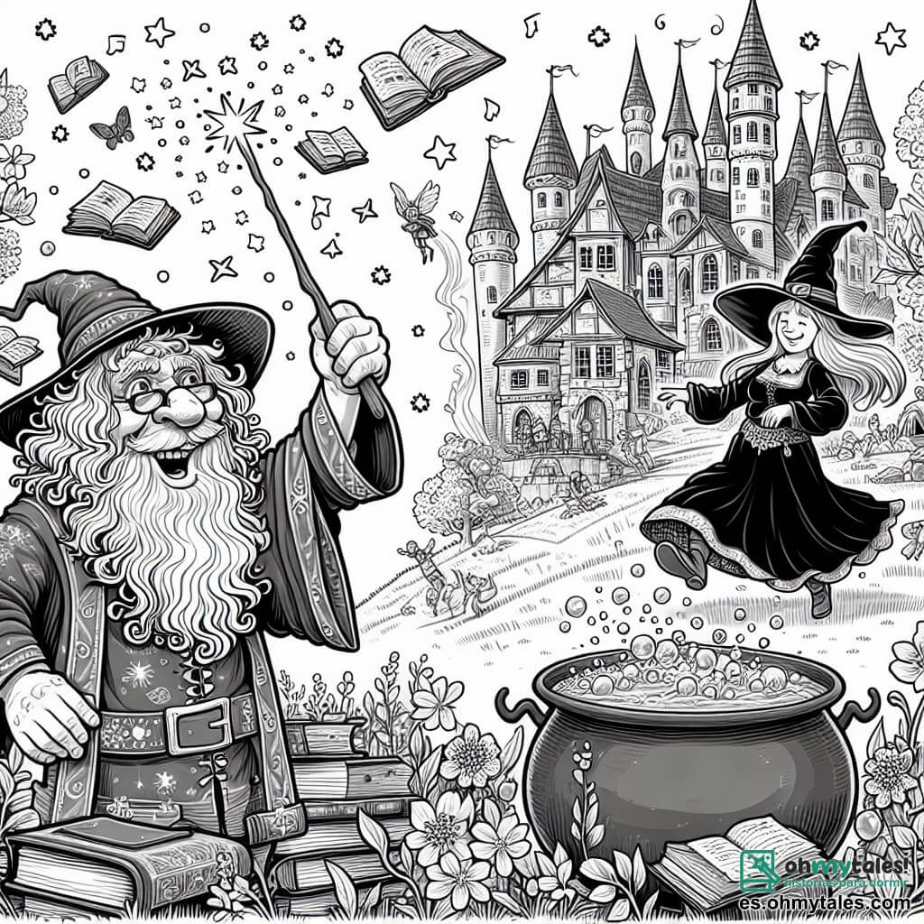 Une illustration destinée aux enfants représentant un sorcier farfelu cherchant sa baguette magique dans une maison remplie de livres volants, avec en arrière-plan un village enchanté entouré d'un bosquet de fleurs chantantes, où une sorcière joyeuse concocte des potions dans un chaudron géant.