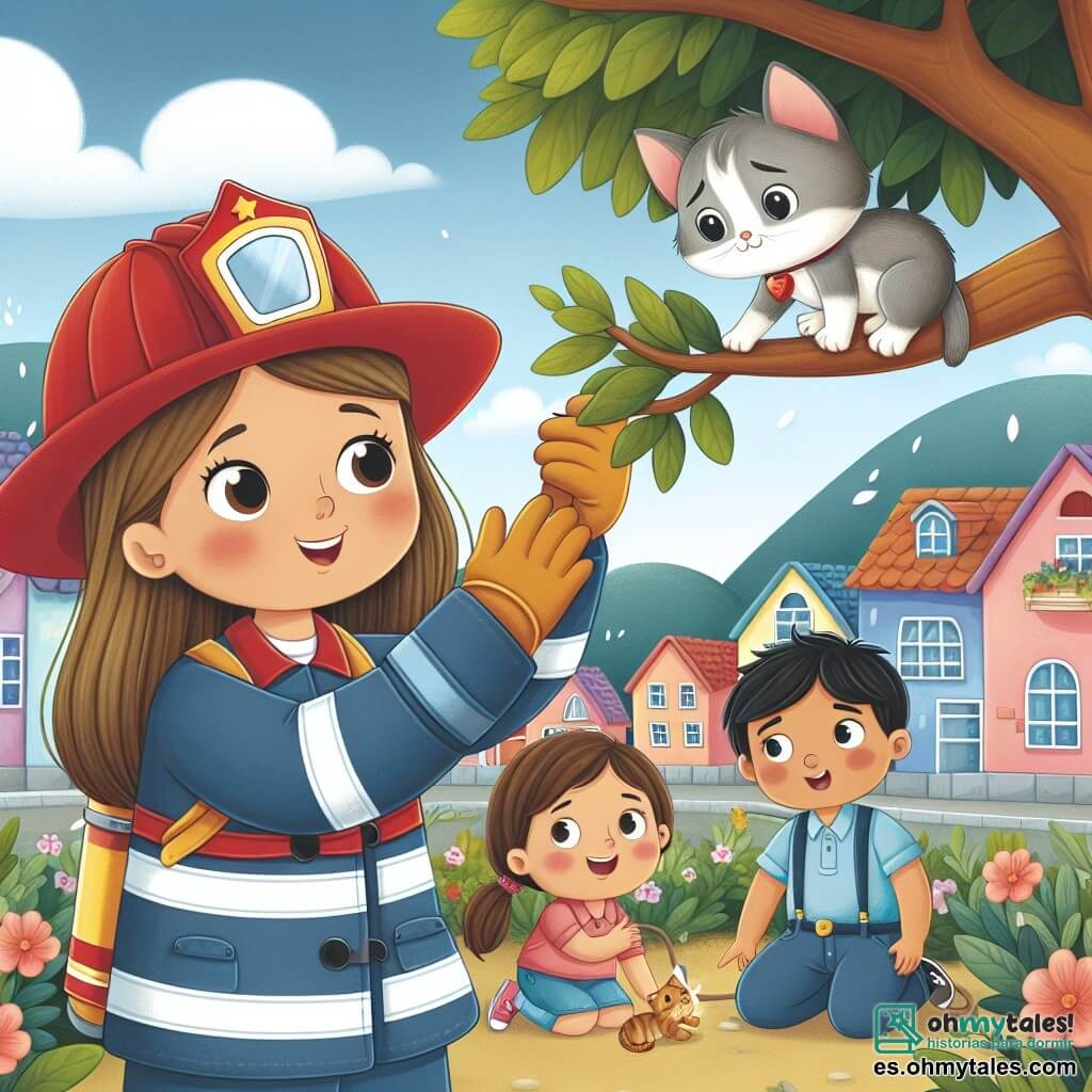 Une illustration destinée aux enfants représentant une jeune femme courageuse, aspirant à devenir une héroïque pompière, sauvant un chaton coincé dans un arbre, accompagnée de ses camarades, dans la paisible ville de Villa Esperanza, avec des maisons colorées et des fleurs en fleurissant.