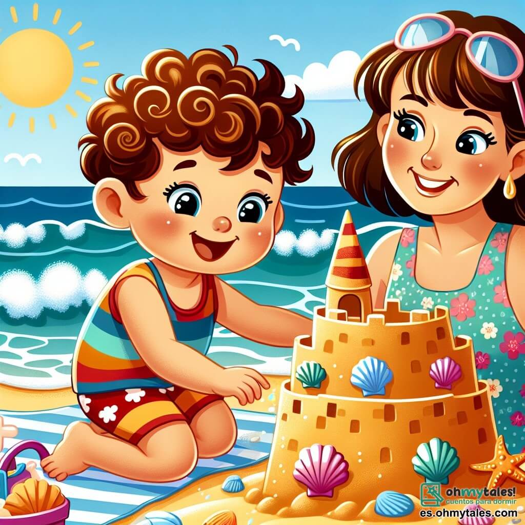 Une illustration sous forme de dessin destinée aux enfants représentant une plage ensoleillée avec des vagues douces et du sable doré, où un garçon de 3 ans aux cheveux bouclés et aux yeux pétillants, vêtu d'un maillot de bain coloré, s'amuse à construire un grand château de sable décoré de coquillages, tandis que sa maman, une femme souriante aux cheveux châtains, l'observe avec fierté, assise sur une serviette à côté d'eux, créant une atmosphère joyeuse et estivale.