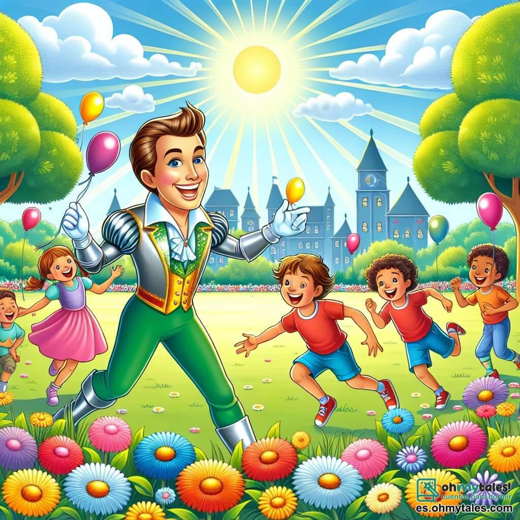 Ilustración que representa un parque soleado, lleno de flores coloridas y árboles majestuosos con hojas verdes brillantes. En el centro, un hombre con un traje brillante y una capa azul que ondea detrás de él, corre alegremente, su rostro radiante de felicidad. Tiene el cabello corto y brillante, y una sonrisa contagiosa. A su alrededor, varios niños, incluida una niña de unos 7 años con dos coletas y un vestido rosa, y un niño de unos 8 años con una camiseta roja y un pantalón corto azul, ríen y corren jugando a atraparse. La escena irradia una atmósfera de alegría y camaradería, con globos de colores flotando en el aire y risas resonando. Nubes blancas en el cielo añaden un toque de magia a este momento de juego y felicidad compartida.