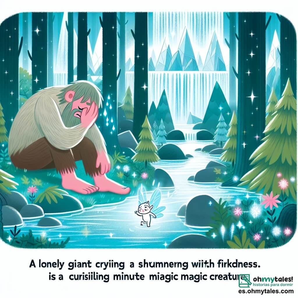 Une illustration destinée aux enfants représentant un géant solitaire pleurant près d'un arroyo étincelant, tandis qu'un petit duende curieux l'aborde avec gentillesse, dans le magnifique bosque de Cristalina aux arbres scintillants et aux cascades lumineuses.