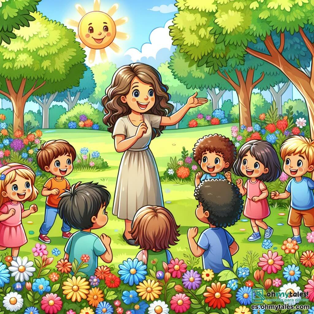 Une illustration sous forme de dessin destinée aux enfants représentant un parc ensoleillé rempli de fleurs colorées et d'arbres verdoyants, où une femme aux cheveux bouclés et au sourire chaleureux, habillée d'une robe légère, explique avec enthousiasme aux enfants, un groupe de garçons et de filles aux visages curieux, comment résoudre les conflits pacifiquement, tout en jouant ensemble et en partageant des rires, symbolisant l'importance de l'empathie et de la compréhension dans un monde harmonieux.