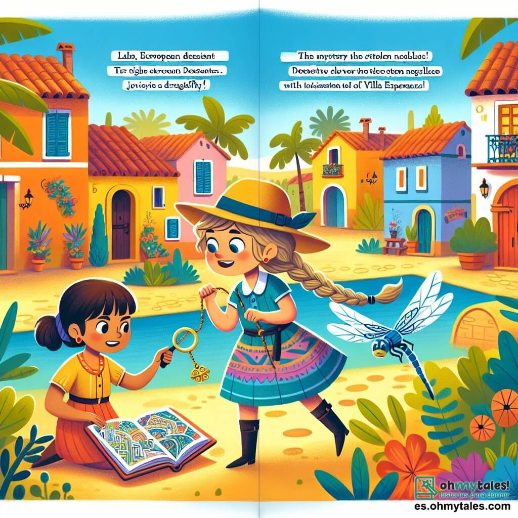Une illustration destinée aux enfants représentant une jeune détective intrépide, résolvant le mystère du collier volé avec l'aide d'une joyeuse libellule, dans le charmant village coloré de Villa Esperanza.