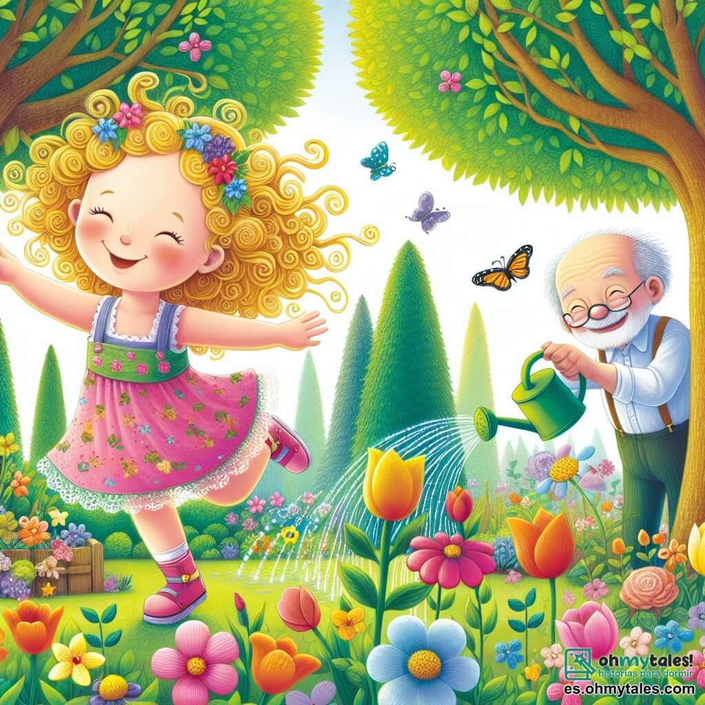 Une illustration destinée aux enfants représentant une petite fille aux cheveux bouclés comme des vagues dorées dans le vent, sautillant joyeusement dans un jardin coloré où les fleurs s'épanouissent sous le doux soleil printanier, tandis qu'un vieux voisin au sourire bienveillant arrose ses plantes à proximité, le tout dans un parc vivant rempli d'arbres majestueux, de papillons dansants et de rires d'enfants.