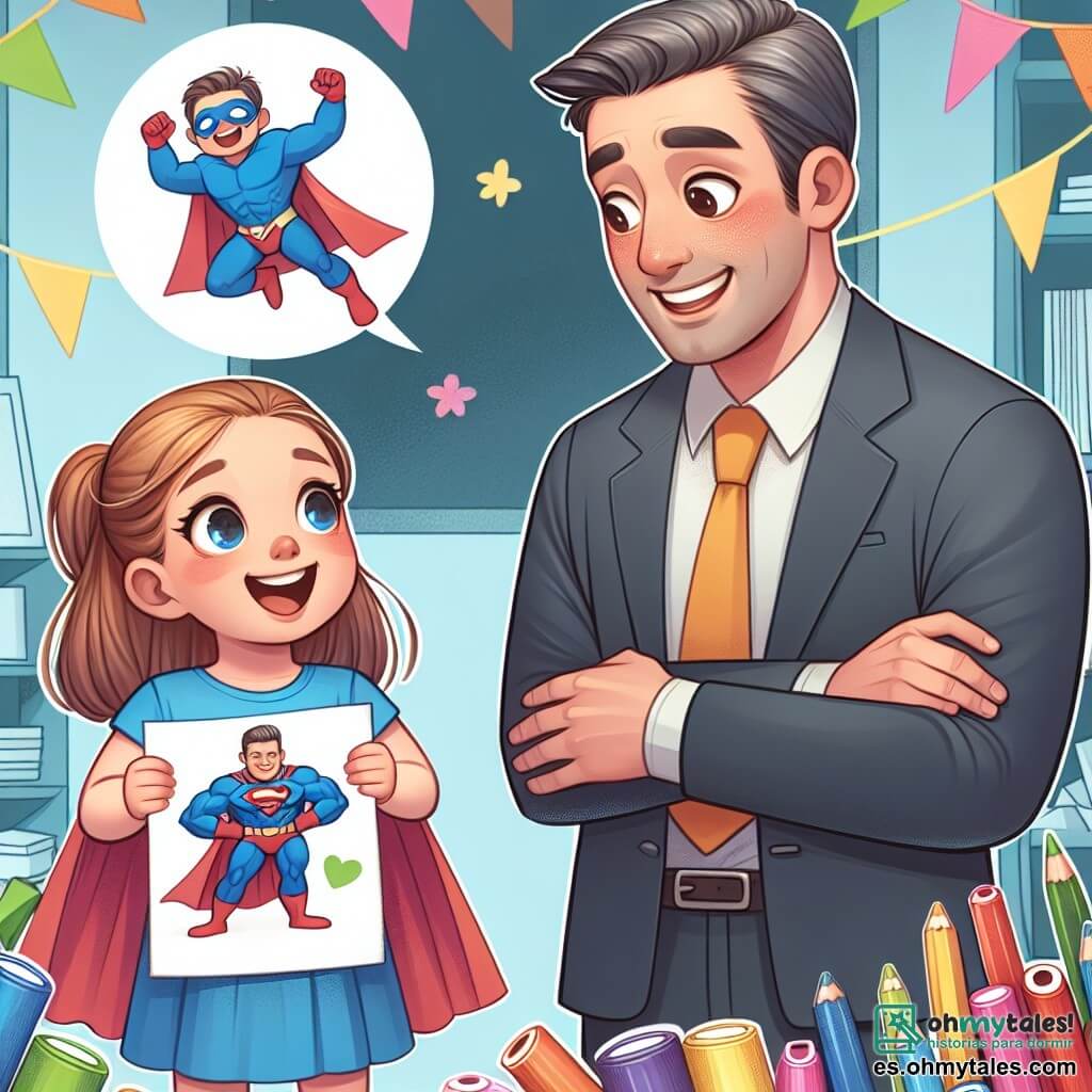 Une illustration destinée aux enfants représentant une petite fille enthousiaste offrant un dessin de superhéros à son père le jour de la fête des pères, accompagnée de son papa ému, dans une boutique de fournitures artistiques colorée et pleine de papier brillant.