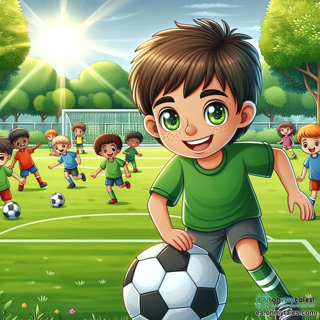 Une illustration sous forme de dessin destinée aux enfants représentant un parc ensoleillé avec des arbres verdoyants et un terrain de football au centre, où un garçon de 12 ans, aux cheveux bruns et aux yeux pétillants, souriant et déterminé, dribble un ballon de football, entouré de filles et de garçons de différents âges, certains portant des maillots colorés, tous riant et jouant ensemble, illustrant l'esprit d'un tournoi de football inclusif célébrant l'égalité des genres.