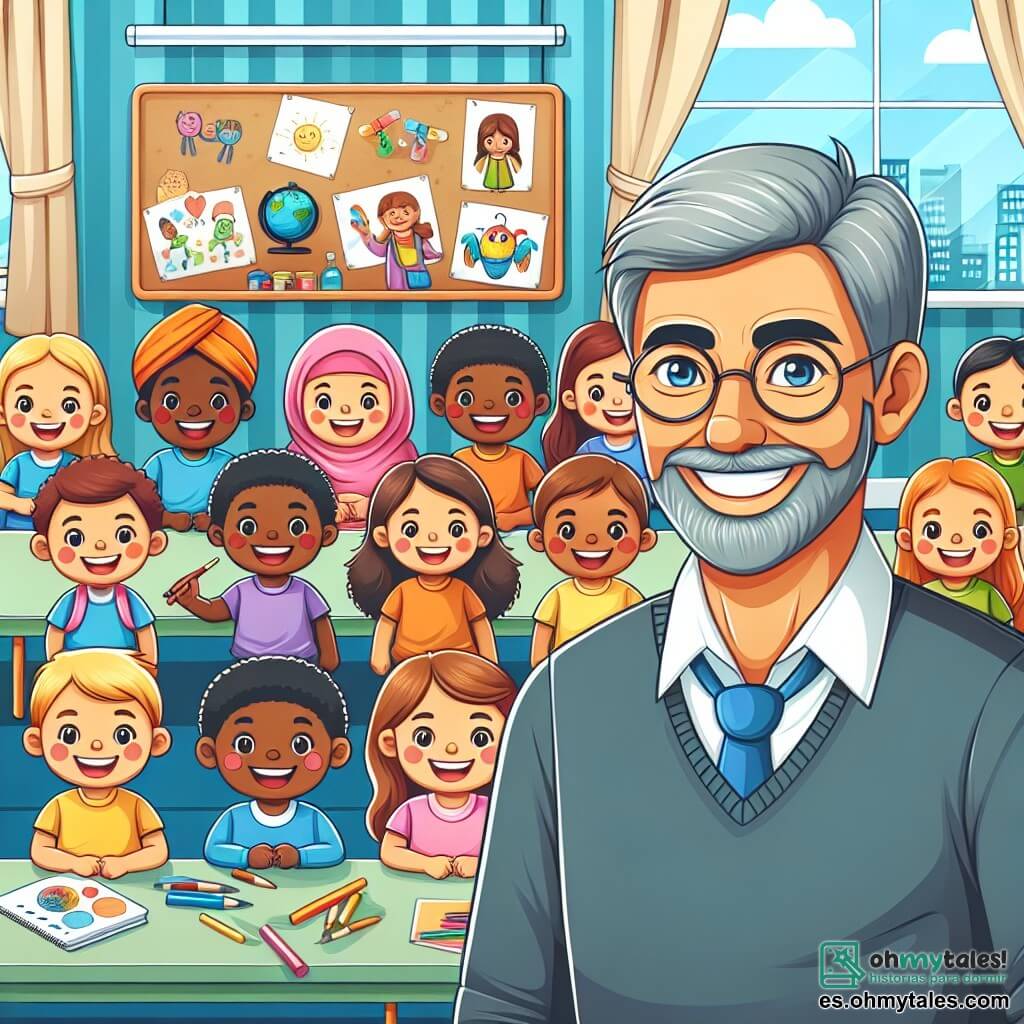 Une illustration destinée aux enfants représentant un instituteur chaleureux et enthousiaste, un groupe d'enfants curieux et joyeux, dans une salle de classe lumineuse et colorée remplie de dessins et de marionnettes.