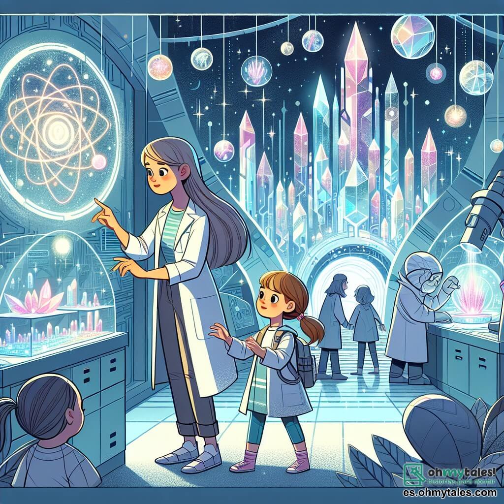 Une illustration destinée aux enfants représentant une jeune fille curieuse explorant un laboratoire futuriste avec sa mère scientifique, situé dans une ville brillante et reluciente faite de cristal et de lumières changeantes.
