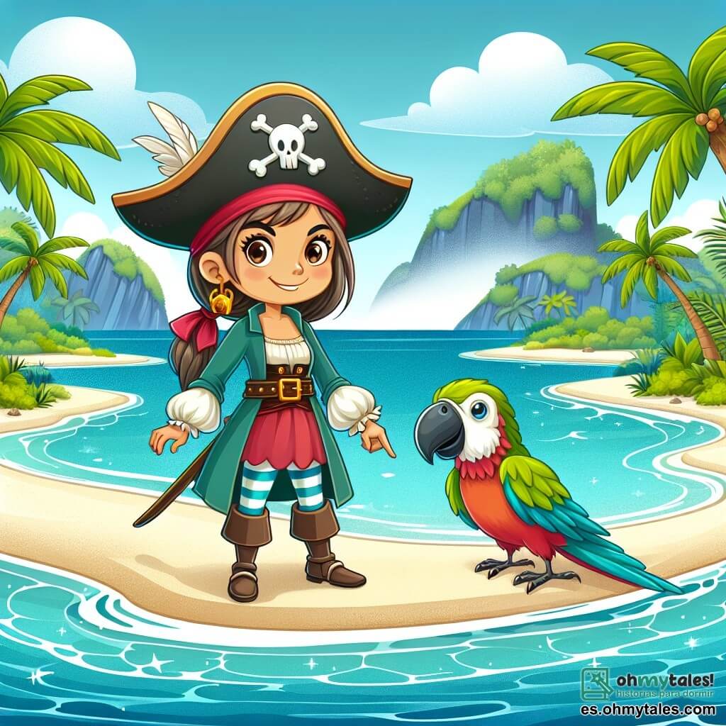 Une illustration destinée aux enfants représentant une courageuse femme pirate, accompagnée de son fidèle perroquet parlant, explorant une mystérieuse île tropicale aux plages de sable blanc bordées de palmiers majestueux et entourée par des eaux turquoise scintillantes.