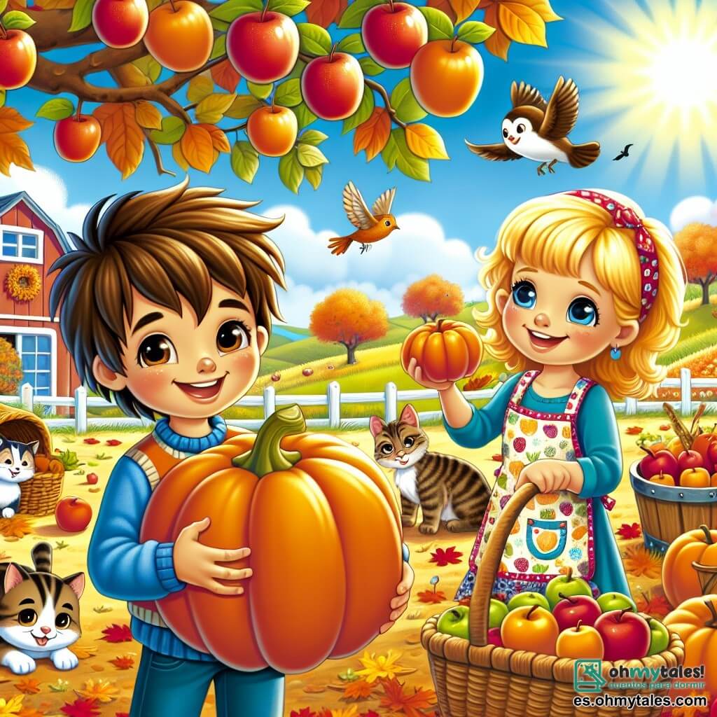 Ilustración que representa una hermosa escena de otoño en una granja soleada. El suelo está cubierto de hojas doradas y rojas, y árboles con ramas cargadas de manzanas y calabazas se alzan al fondo. En primer plano, un niño de unos 8 años, con cabello castaño y ojos brillantes, sonríe sosteniendo una gran calabaza naranja. A su lado, una mujer de unos treinta años, con cabello largo y rubio, que lleva un delantal colorido, está recogiendo manzanas de un árbol. La escena principal muestra al niño y a la mujer riendo juntos, rodeados de cestas llenas de frutas y verduras, mientras un suave sol de otoño ilumina la escena. Aves vuelan en el cielo azul y un gato atigrado se desliza entre las hojas.