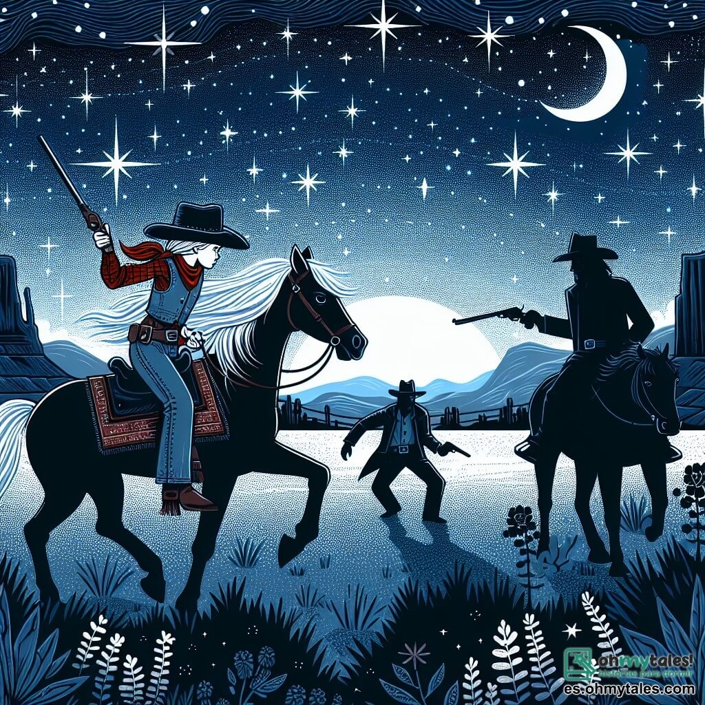 Une illustration destinée aux enfants représentant une cowgirl intrépide, affrontant des bandits dans les vastes et sauvages plaines du Far West, accompagnée de son fidèle cheval sous un ciel infini d'un bleu profond et étoilé.