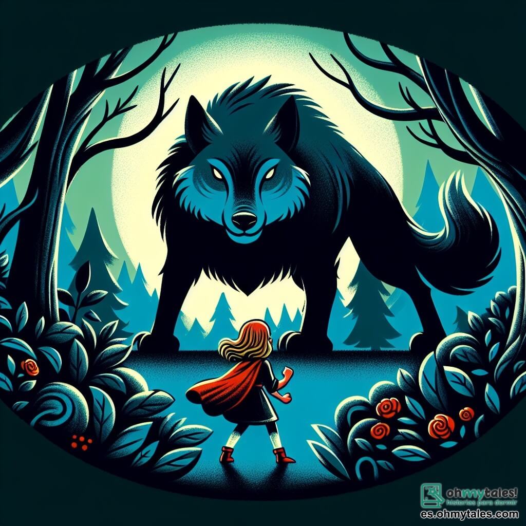 Une illustration destinée aux enfants représentant une petite fille courageuse défiant un loup féroce dans une forêt dense et mystérieuse, avec en toile de fond un ciel bleu éclatant et des arbres touffus.