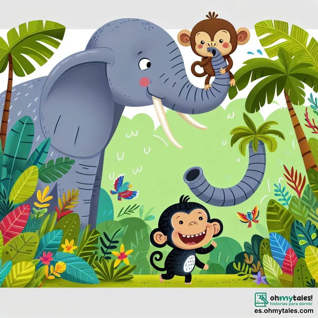 Une illustration destinée aux enfants représentant un éléphant garçon avec une trompe très longue, accompagné d'un singe garçon très malicieux, dans une jungle luxuriante remplie de plantes tropicales et d'animaux colorés.