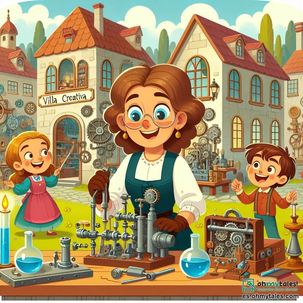 Une illustration destinée aux enfants représentant une inventrice curieuse travaillant dans son atelier rempli de machines étranges, accompagnée de deux enfants joyeux, dans le pittoresque village de Villa Creativa.